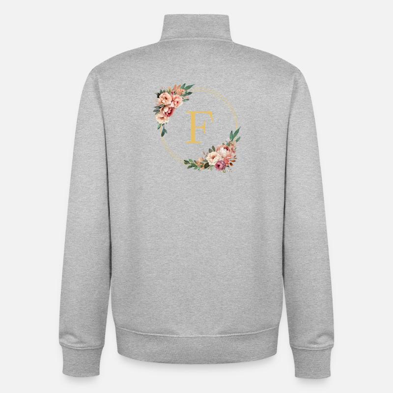 F Monogram, Couronne de fleurs, Personnalisable - Sweat zippé unisexe en coton bio Stanley/Stella - gris chiné