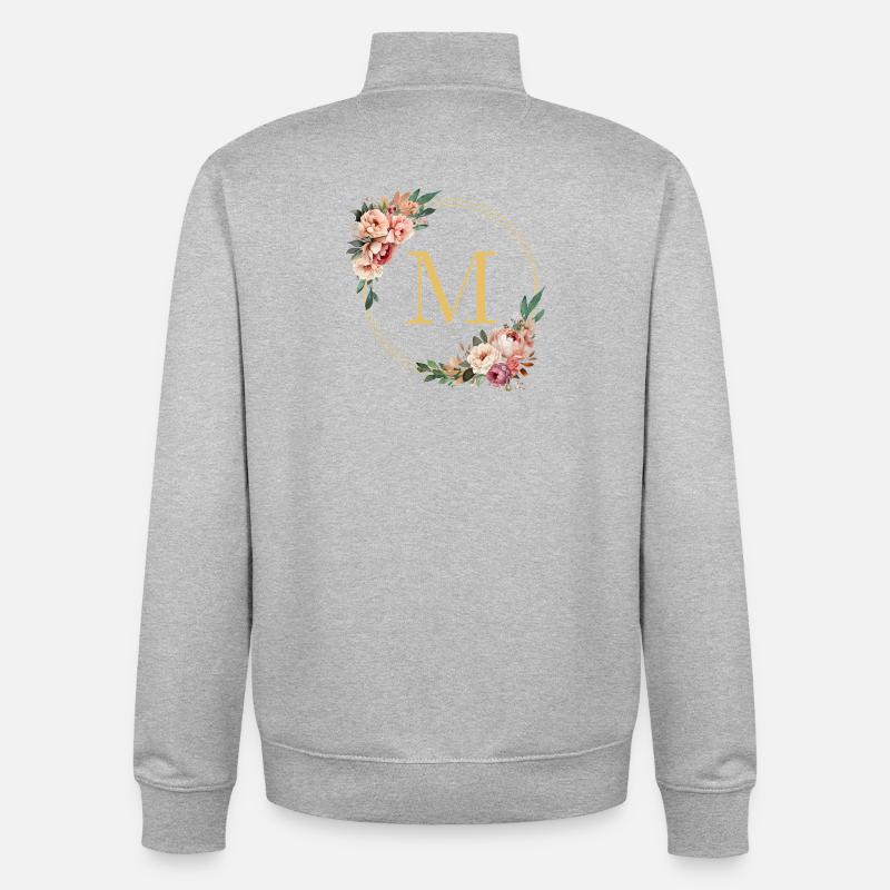 M Monogram, Couronne de fleurs, Personnalisable - Sweat zippé unisexe en coton bio Stanley/Stella - gris chiné