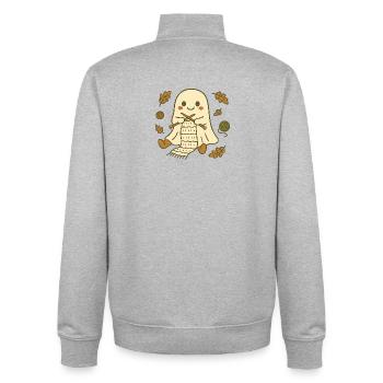 Cozy Ghost tricotant des feuilles d’automne – Cute Autumn Ghos - Sweat zippé unisexe en coton bio Stanley/Stella - gris chiné - Dos - AI Model Male 185 light (185cm)