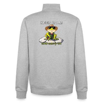 Drôle de grenouille avec des lunettes de soleil et un chapeau de paille - Sweat zippé unisexe en coton bio Stanley/Stella - gris chiné - Dos - AI Model Male 185 light (185cm)
