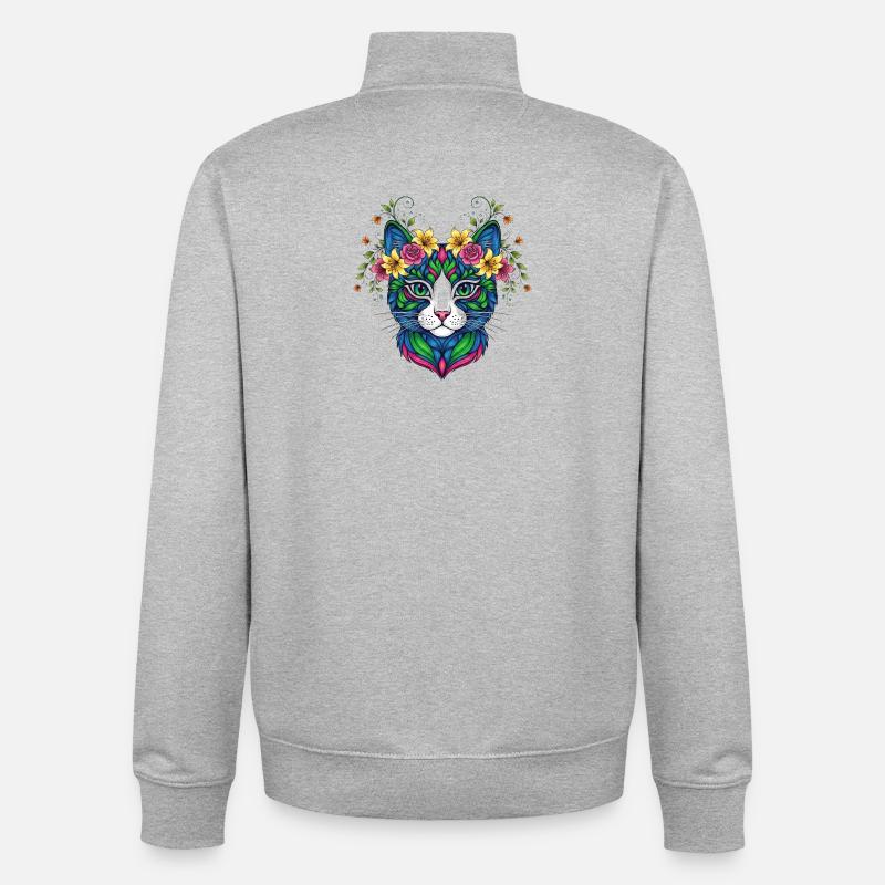 Chat avec des fleurs - Sweat zippé unisexe en coton bio Stanley/Stella - gris chiné