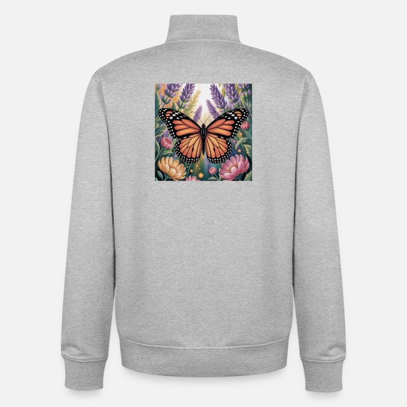 Papillon monarque vibrant Amidlavender fleurit - Sweat zippé unisexe en coton bio Stanley/Stella - gris chiné