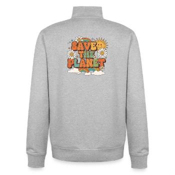 Save The Planet Vintage 70s - Unisex Organic Zip Sweatshirt von Stanley/Stella - Grau meliert - Hinten - AI Model Male 185 light (185cm)