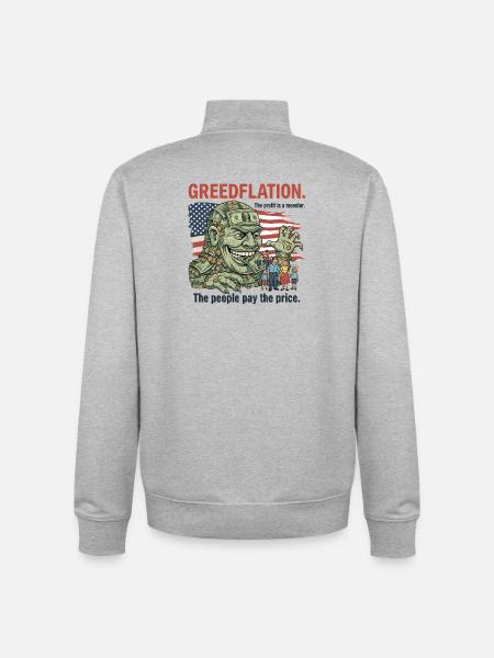 Greedy Greedflation Cartoon Design - Unisex Organic Zip Sweatshirt by Stanley/Stella - heather grey