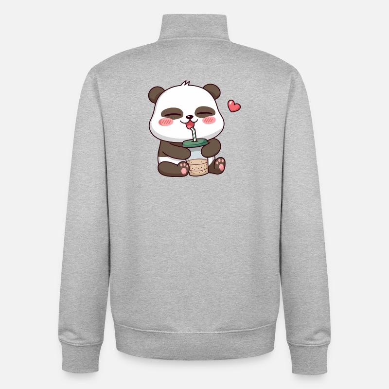 Adorable Panda Drinking Bubble Tea - Unisex Organic Zip Sweatshirt by Stanley/Stella - heather grey