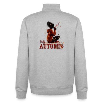 Hello Autumn – Cozy Girl and Hot Drink - Unisex Organic Zip Sweatshirt by Stanley/Stella - heather grey - Back - AI Model Male 185 light (185cm)