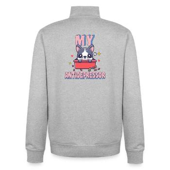 My Antidepressor French Bulldog Dog Humor - Unisex Organic Zip Sweatshirt by Stanley/Stella - heather grey - Back - AI Model Male 185 light (185cm)