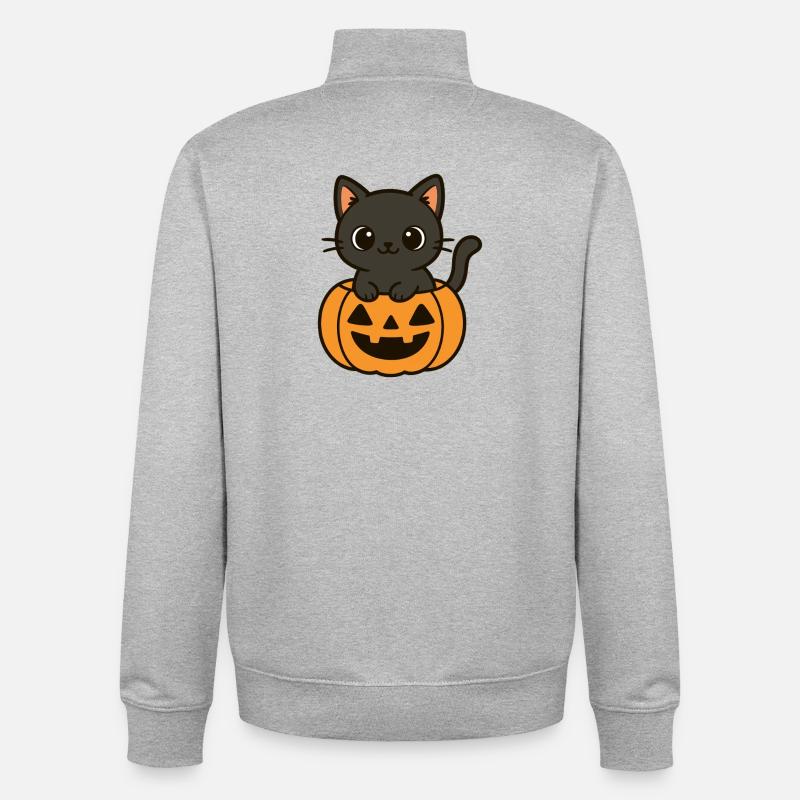 Halloween Chat Citrouille Noir Chat Mignon - Sweat zippé unisexe en coton bio Stanley/Stella - gris chiné