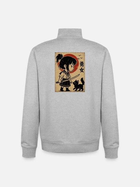 Fille courageuse avec katana et chat - Sweat zippé unisexe en coton bio Stanley/Stella - gris chiné