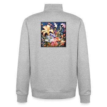 Floral pattern in embroidery technique on dark blue - Unisex Organic Zip Sweatshirt by Stanley/Stella - heather grey - Back - AI Model Male 185 light (185cm)