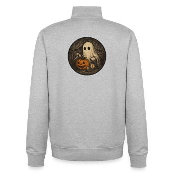 Spooky Halloween Vintage Ghost Scene with Pumpkin - Unisex Organic Zip Sweatshirt by Stanley/Stella - heather grey - Back - AI Model Male 185 light (185cm)