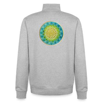 Mandala de fleur géométrique en bleu et vert - Sweat zippé unisexe en coton bio Stanley/Stella - gris chiné - Dos - AI Model Male 185 light (185cm)