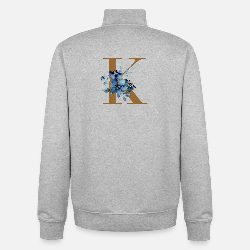 K Monogramme à fleurs bleues - Sweat zippé unisexe en coton bio Stanley/Stella - gris chiné