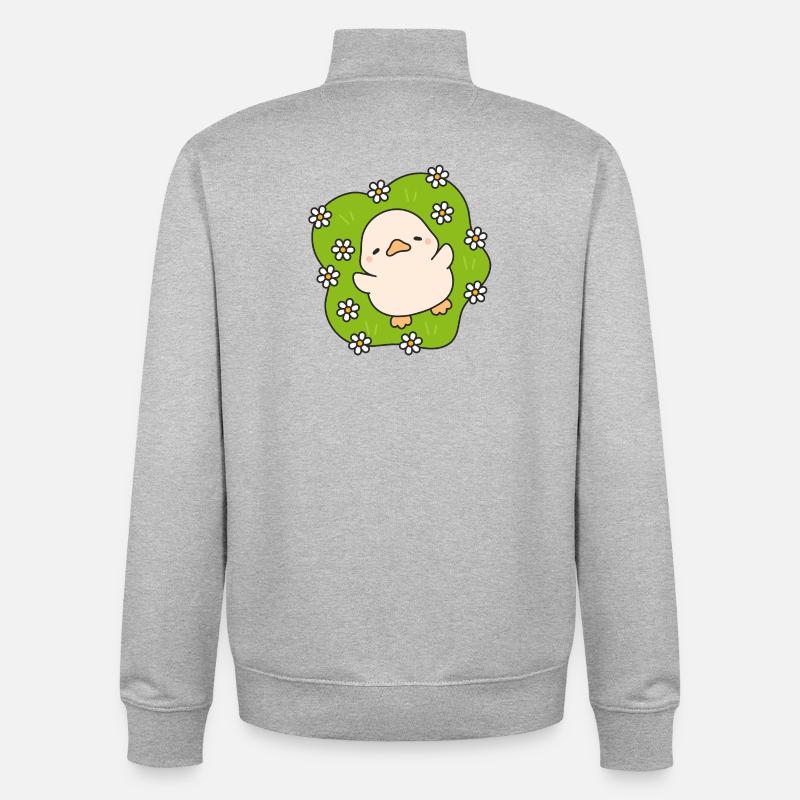 Poussin fleuri sur vert pastel - Sweat zippé unisexe en coton bio Stanley/Stella - gris chiné
