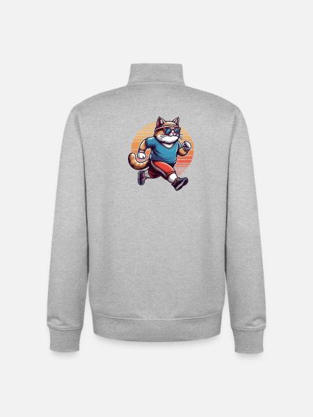Sporty cat jogging retro sunset - Unisex Organic Zip Sweatshirt by Stanley/Stella - heather grey