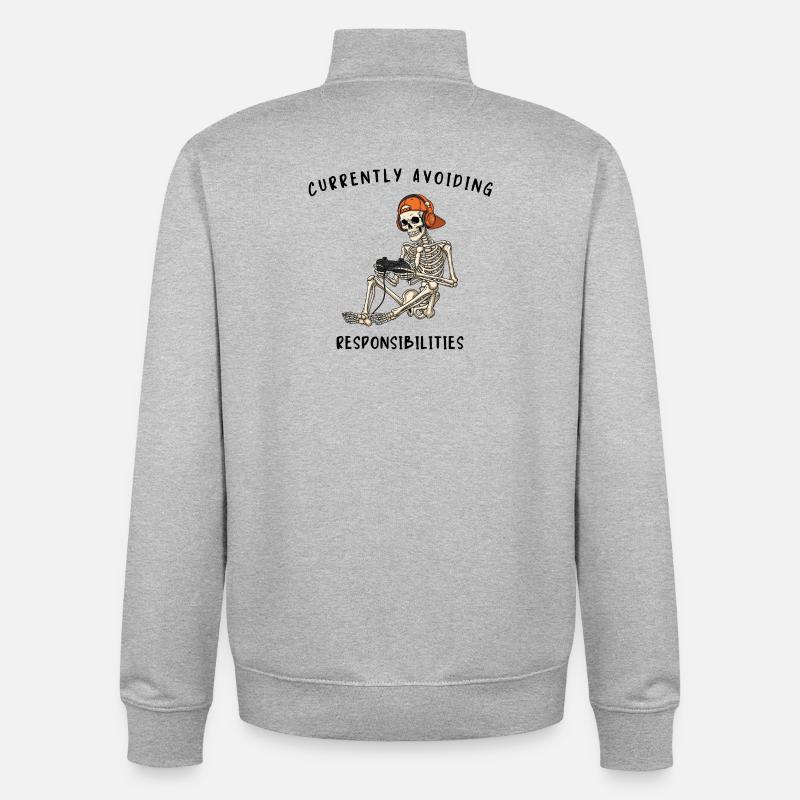 Skeleton Gaming Avoiding Responsibilities - Unisex Organic Zip Sweatshirt by Stanley/Stella - heather grey