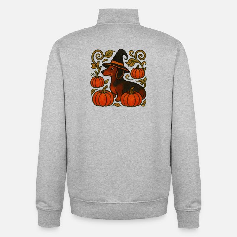 Teckel sorcière citrouille - Sweat zippé unisexe en coton bio Stanley/Stella - gris chiné
