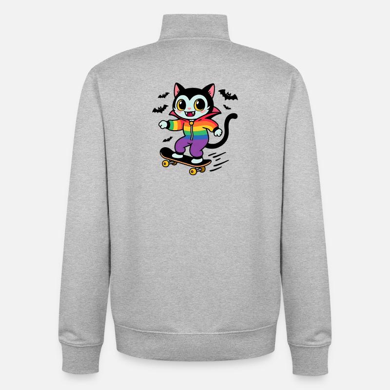 Chat vampire arc-en-ciel skateboard - Sweat zippé unisexe en coton bio Stanley/Stella - gris chiné