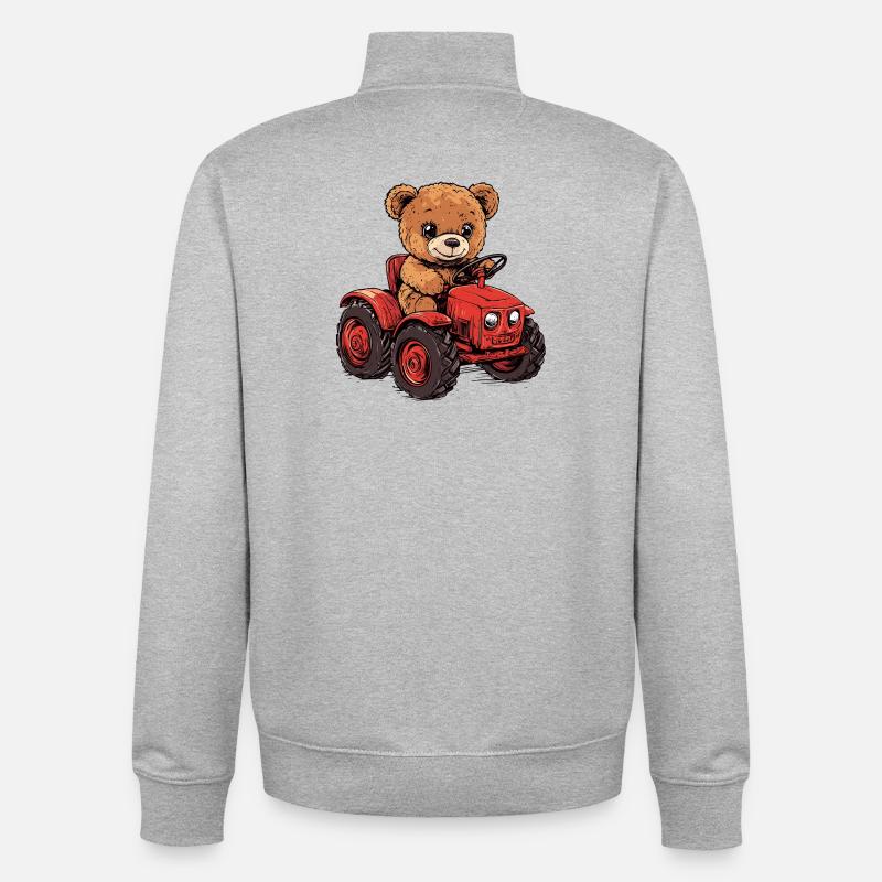 Teddy bear on red tractor - Unisex Organic Zip Sweatshirt by Stanley/Stella - heather grey