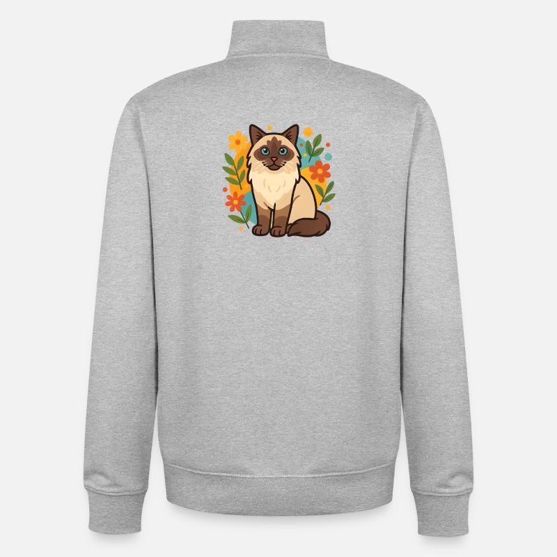 Chat Ragdoll avec cercle de fleurs - Sweat zippé unisexe en coton bio Stanley/Stella - gris chiné