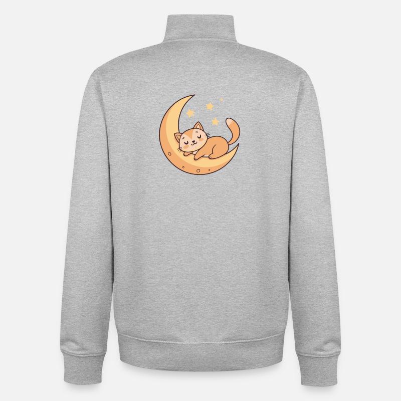 Chaton rêveur sur lune dorée - Sweat zippé unisexe en coton bio Stanley/Stella - gris chiné