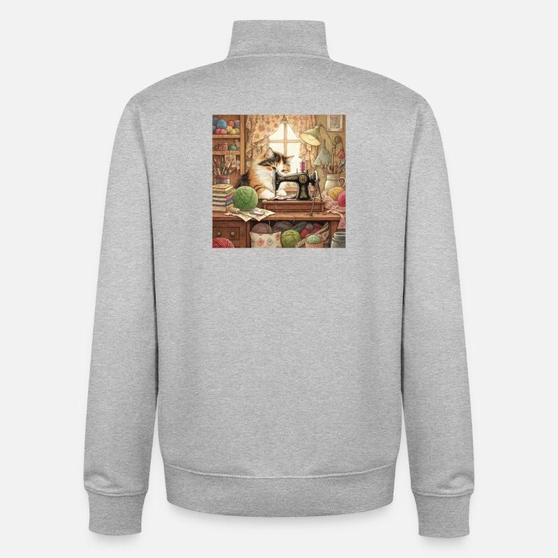Cat Studio Sewing Machine Cuddling - Unisex Organic Zip Sweatshirt by Stanley/Stella - heather grey