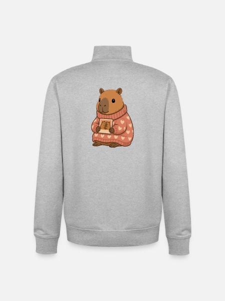 Capybara in a heart sweater with photo – Cozy Motif - Unisex Organic Zip Sweatshirt by Stanley/Stella - heather grey