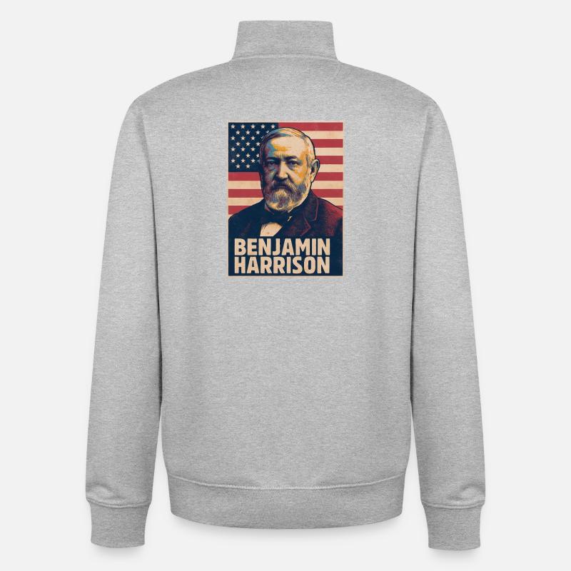 Benjamin Harrison, États-Unis - Sweat zippé unisexe en coton bio Stanley/Stella - gris chiné