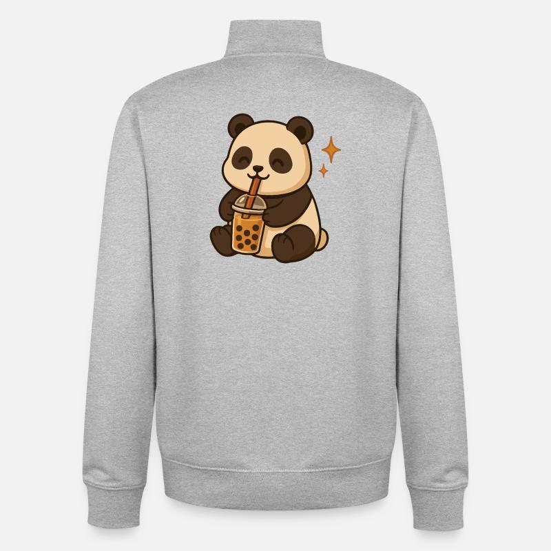 Panda with Bubble Tea kawaii Panda - Unisex Organic Zip Sweatshirt by Stanley/Stella - heather grey