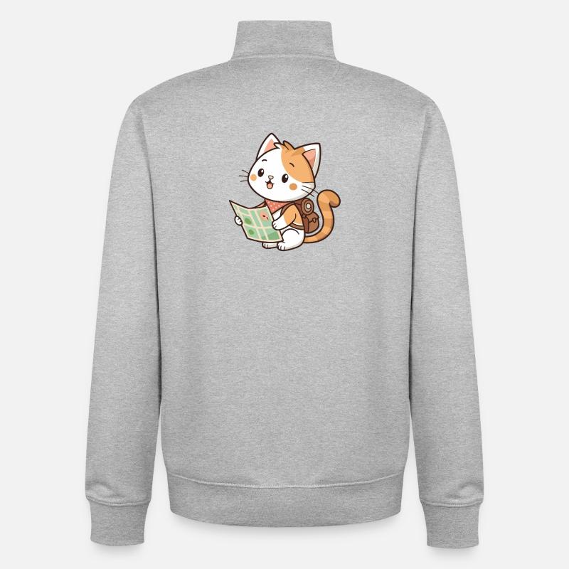 Chat explorateur kawaii lisant carte - Sweat zippé unisexe en coton bio Stanley/Stella - gris chiné