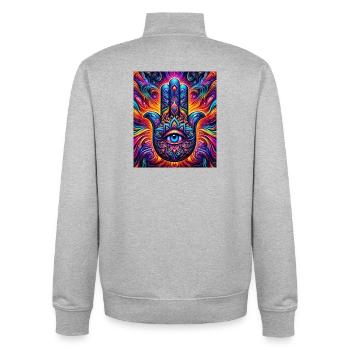 Psychedelische Hamsa Auge Hand Mandala - Unisex Organic Zip Sweatshirt von Stanley/Stella - Grau meliert - Hinten - AI Model Male 185 light (185cm)