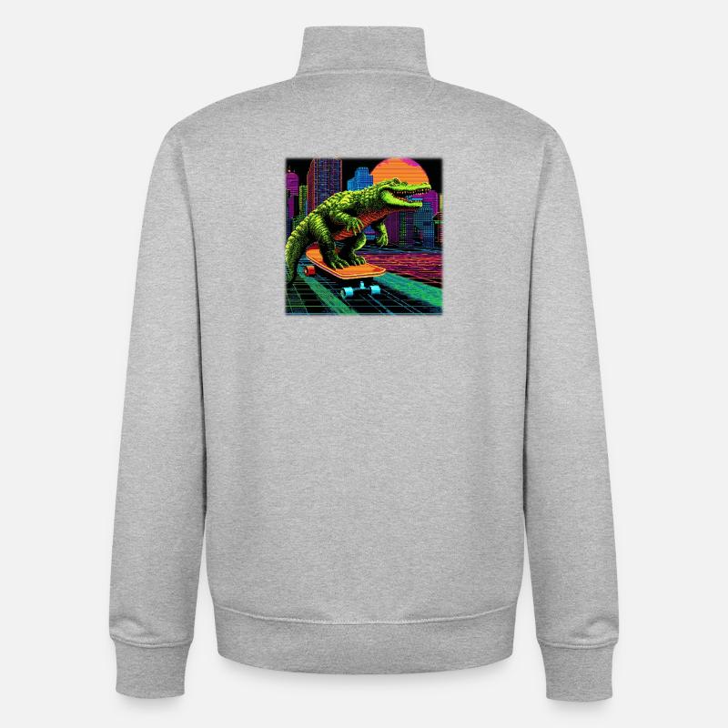 Pixel Art Crocodile – Retro Skater Synthwave - Unisex Organic Zip Sweatshirt by Stanley/Stella - heather grey