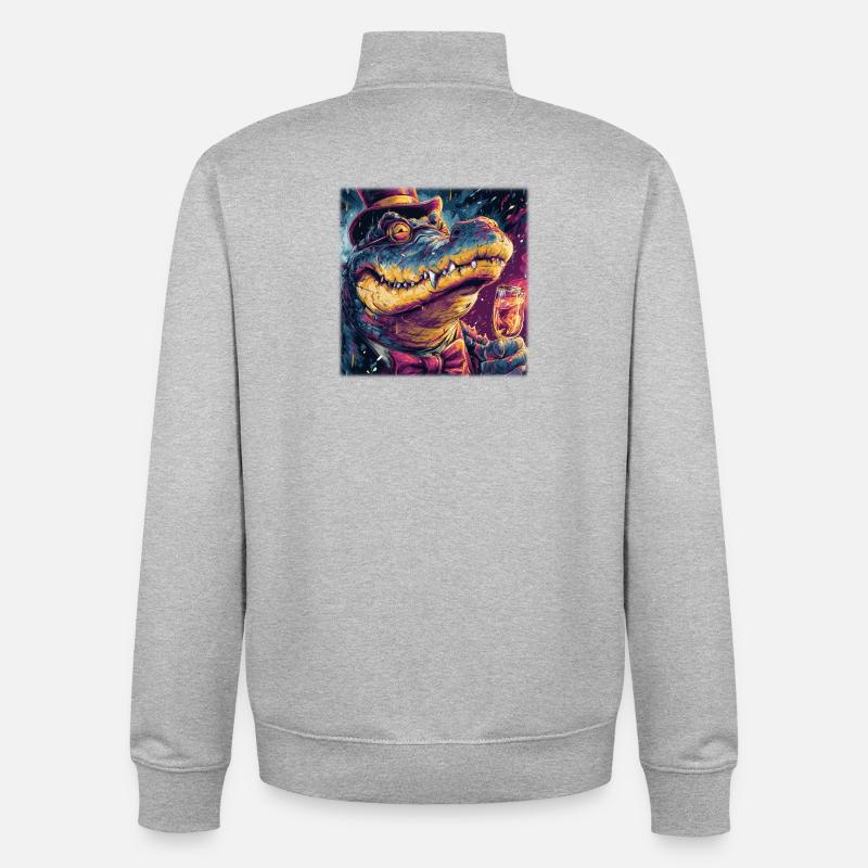 Gentleman Crocodile with Top Hat & Champus - Unisex Organic Zip Sweatshirt by Stanley/Stella - heather grey