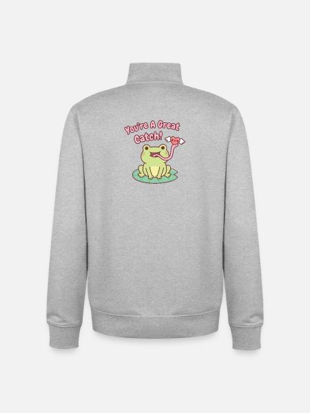 Cute Frog Catches Heart You Are A Great Catch - Unisex Organic Zip Sweatshirt by Stanley/Stella - heather grey