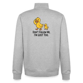 Ne me suivez pas, je suis perdu aussi – Dessin animé drôle de canard - Sweat zippé unisexe en coton bio Stanley/Stella - gris chiné - Dos - AI Model Male 185 light (185cm)