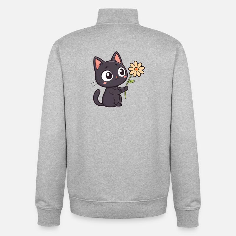 Kawaii Schwarze Katze und Gänseblümchen - Unisex Organic Zip Sweatshirt von Stanley/Stella - Grau meliert