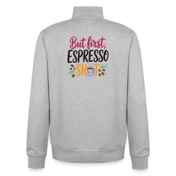 Mais le premier shot d’espresso - Sweat zippé unisexe en coton bio Stanley/Stella - gris chiné - Dos - AI Model Male 185 light (185cm)