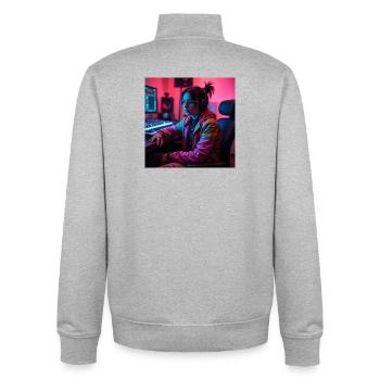 Cyber Neon Producteur en studio - Sweat zippé unisexe en coton bio Stanley/Stella - gris chiné - Dos - AI Model Male 185 light (185cm)