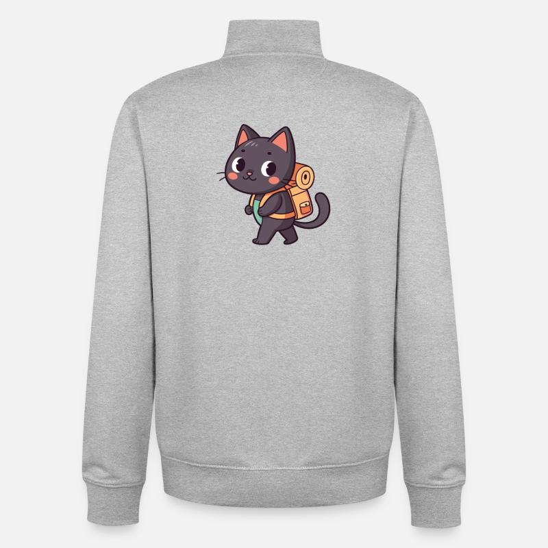 Explorer Cat with Orange Backpack - Unisex Organic Zip Sweatshirt by Stanley/Stella - heather grey