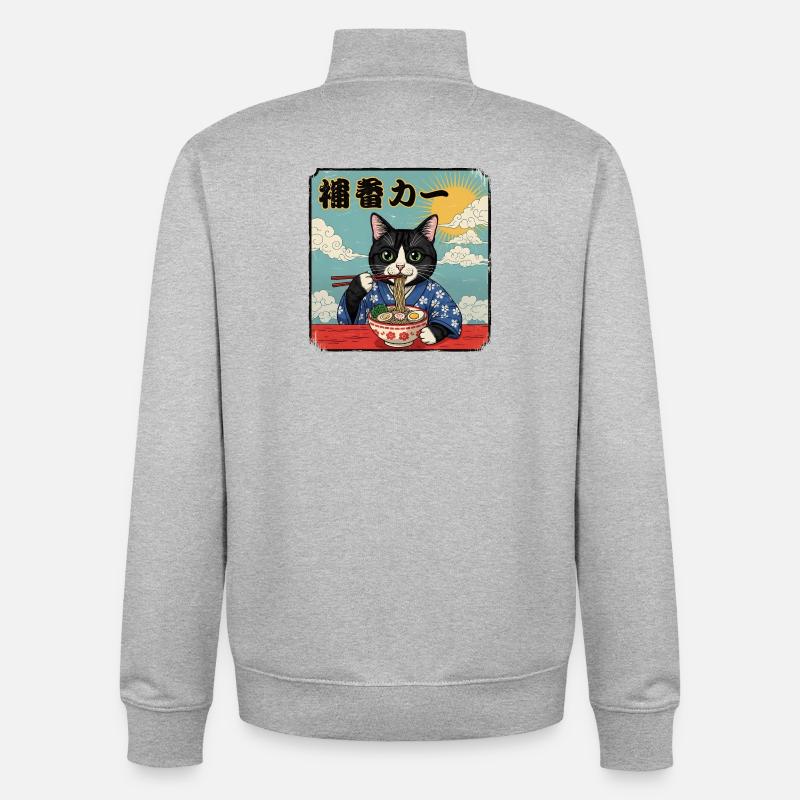 Ramen pour chat en yukata - Sweat zippé unisexe en coton bio Stanley/Stella - gris chiné