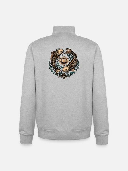 Koi and Lotus Circle Harmony Tattoo - Unisex Organic Zip Sweatshirt by Stanley/Stella - heather grey