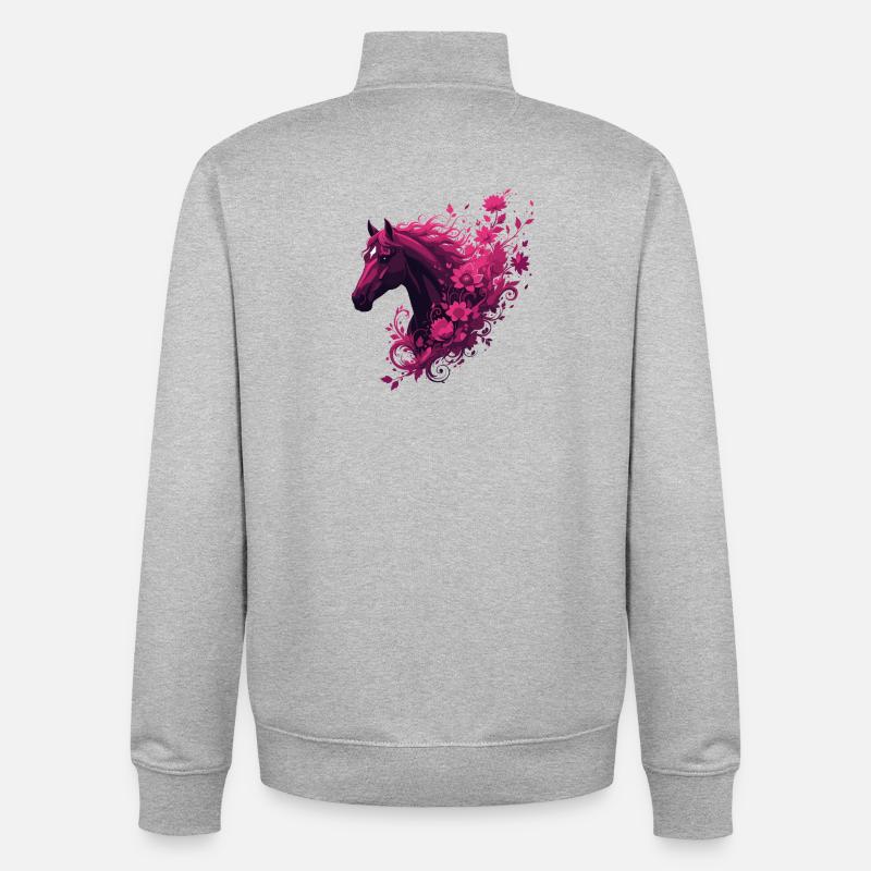 Cheval magenta avec tourbillon de fleurs - Sweat zippé unisexe en coton bio Stanley/Stella - gris chiné