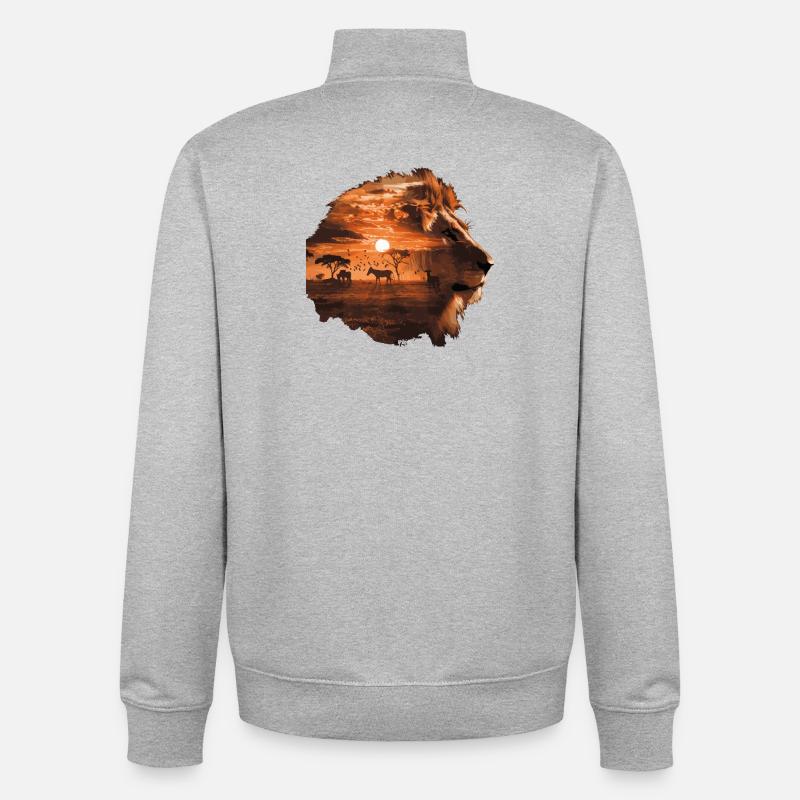 Lion Savannah Sunset Double Exposure Design - Sweat zippé unisexe en coton bio Stanley/Stella - gris chiné