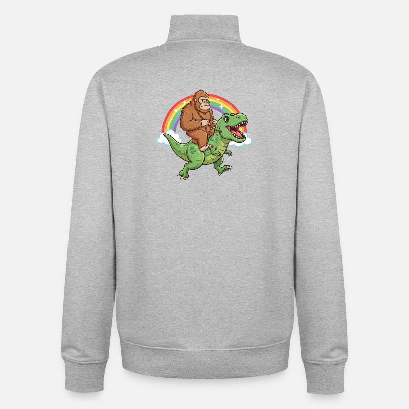 Bigfoot chevauchant un T-Rex Dinosaur Rainbow - Sweat zippé unisexe en coton bio Stanley/Stella - gris chiné