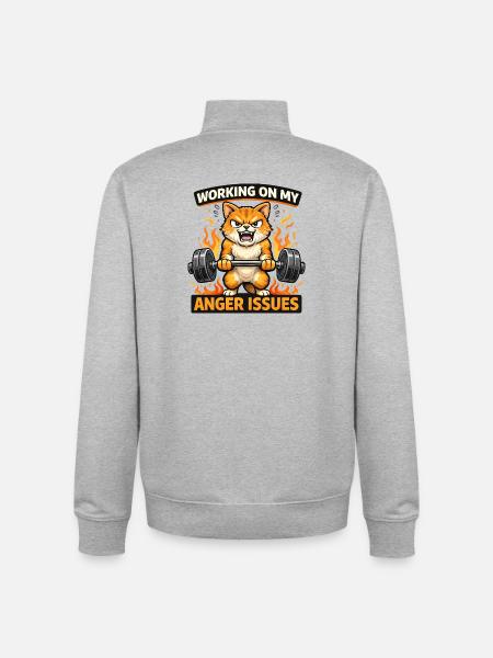 Angry Cat Lifts Weights Flaming Fury - Unisex Organic Zip Sweatshirt by Stanley/Stella - heather grey