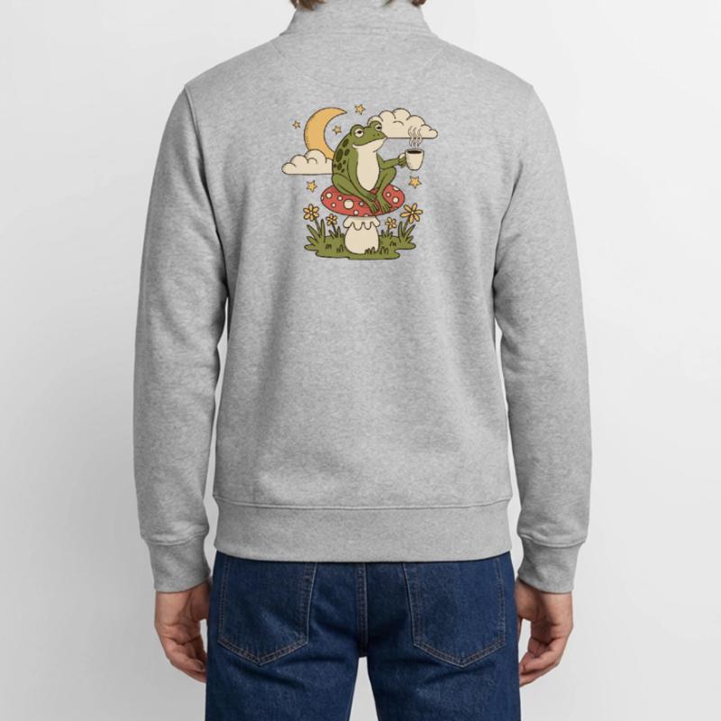 A frog with a cup sits on a toadstool Unisex Organic Zip Sweatshirt by Stanley/Stella
