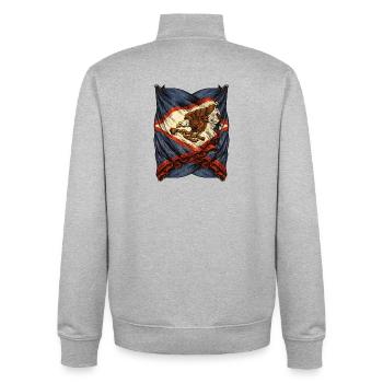 Vintage Eagle Flag Emblem with Rifle - Unisex Organic Zip Sweatshirt by Stanley/Stella - heather grey - Back - AI Model Male 185 light (185cm)