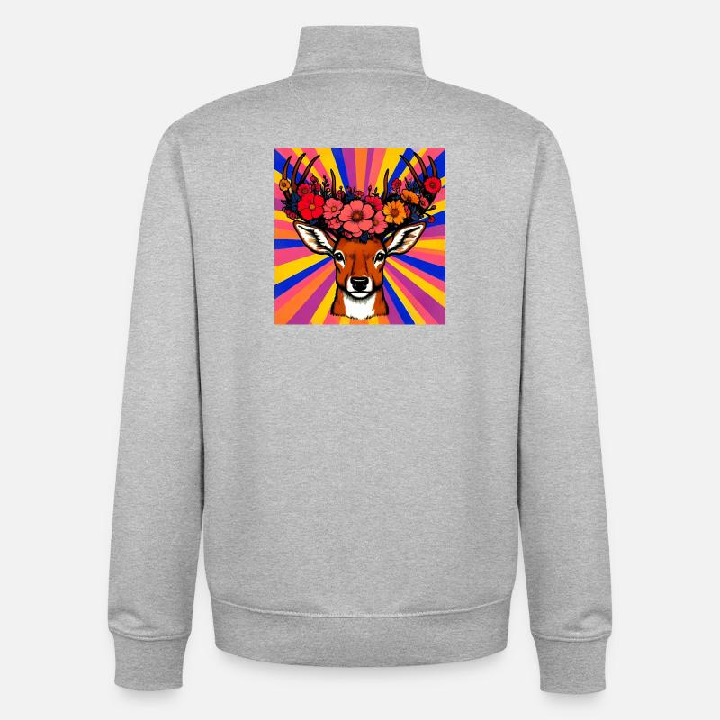 Cerf aux fleurs - Sweat zippé unisexe en coton bio Stanley/Stella - gris chiné