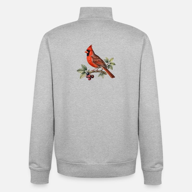 Cardinal rouge sur branche et baies - Sweat zippé unisexe en coton bio Stanley/Stella - gris chiné