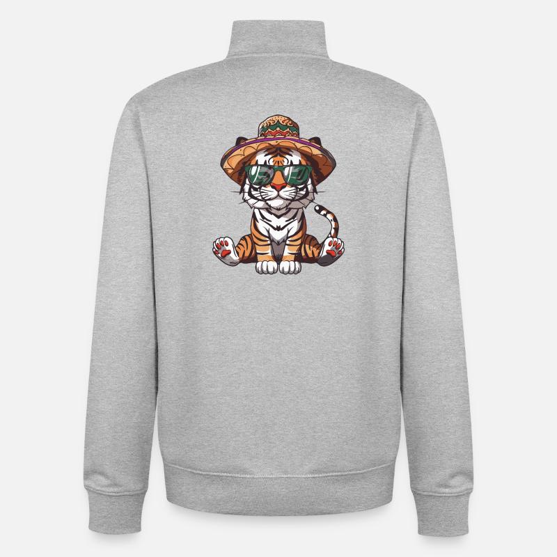 Sombrero drôle de Tiger Comic - Sweat zippé unisexe en coton bio Stanley/Stella - gris chiné